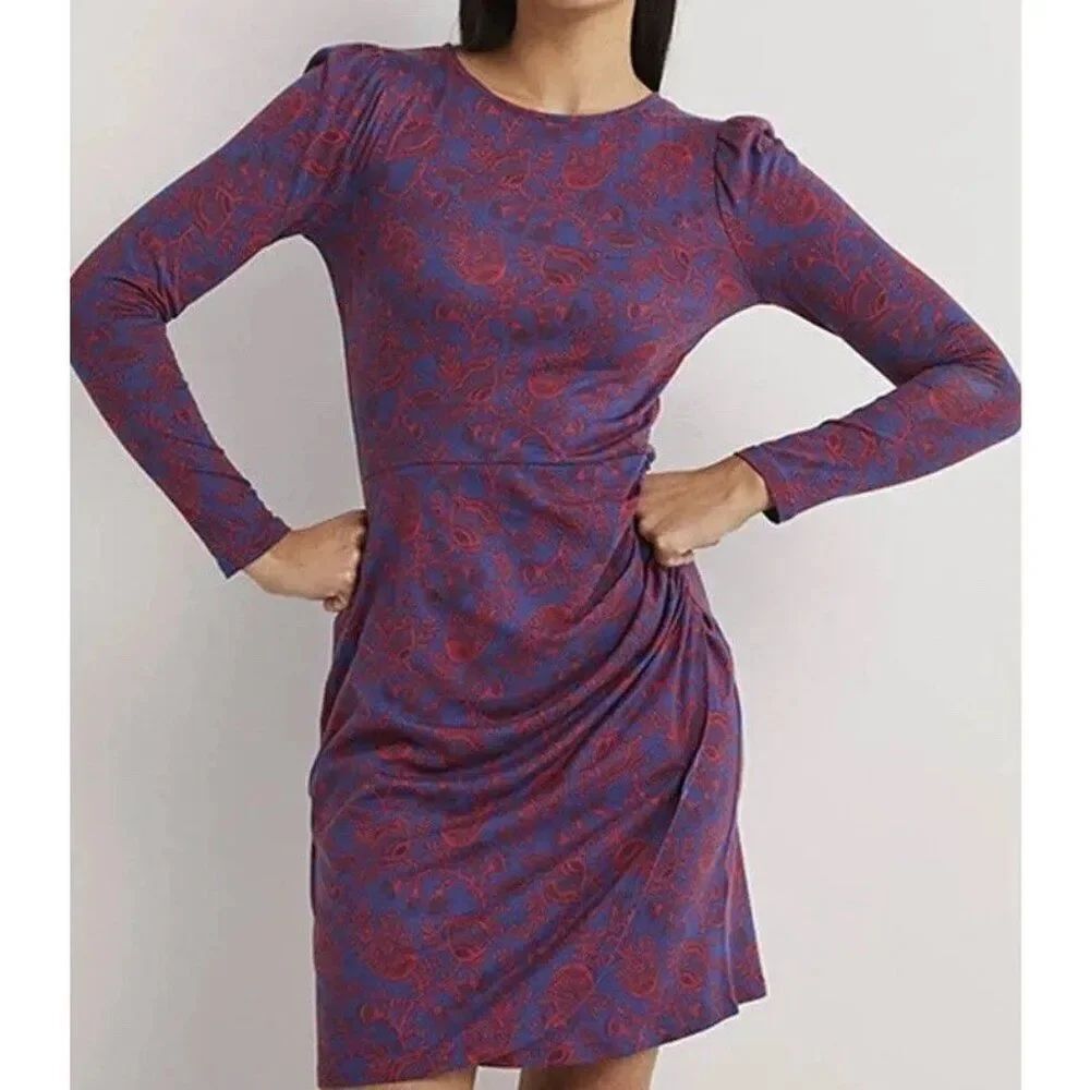 Boden Womens Ruched Mini Dress UK 20L US 16 18L tall Blue Red Paisley D0429 NWT